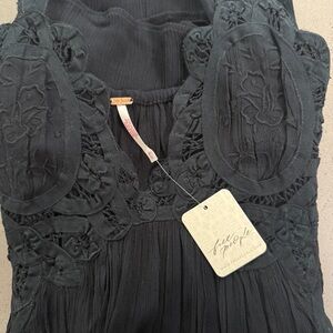 Free People Embroidered Boho Top Black XL NWT